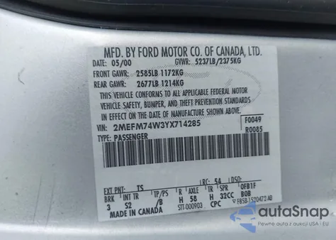 2000 Mercury Grand Marquis Gs из США, поврежденный, VIN 2MEFM74W3YX714285